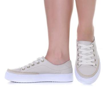 Imagem de Tênis Feminino Casual Bege de couro Ajuste Cadarço - Izabela Araújo, B