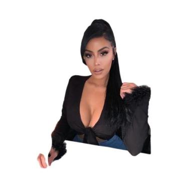 Imagem de Blusa Feminina De Manga Longa Com Decote Em V De Pelúcia E Amarração P