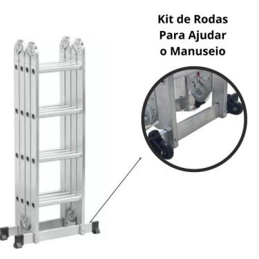 Imagem de Escada Articulada de Aluminio 4x4 16 Degraus Com Rodas 3,32 Metros - G