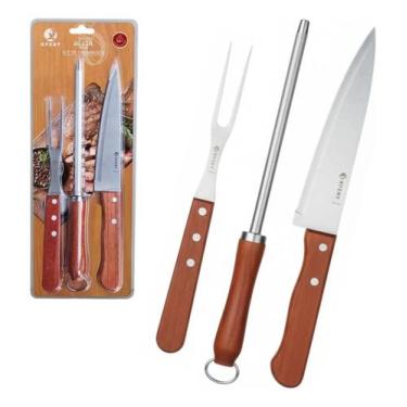 Imagem de Kit churrasco 3 peças em aço inox com cabo de madeira  faca, garfo e c