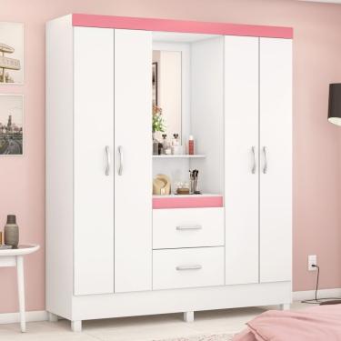 Imagem de Guarda Roupa Infantil Casal Ravenna 4 Portas 2 Gavetas MDP com Espelho Branco-Rosa Casa H
