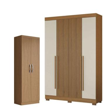 Imagem de Guarda Roupa Casal Solteiro 2030240 4 Portas 2 Gavetas MDP Atacama Areia e Armário Multiuso Aramóveis