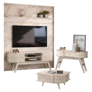 Imagem de Estante Home Theater com Bancada Laguna com Aparador Estoril e Mesa de Centro Indianápolis Calacata Off White – Madetec