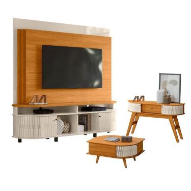 Imagem de Estante Home Theater Daytona com Aparador Estoril e Mesa de Centro Indianápolis Cinamomo Off White – Madetec