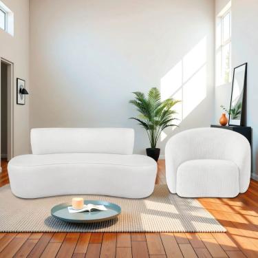 Imagem de Kit Sofá Conjunto Amsterdã Amore 2 Lugares 160cm Branco Bouclé com Recamier Curvo e Pol...