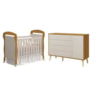 Imagem de Berço Americano Danny E Cômoda Com Porta Elfe Retrô Areia Savana Acetinado Natural - Reller