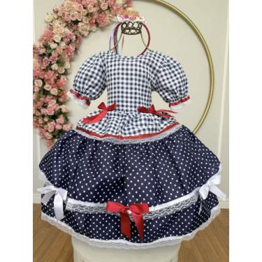 Imagem de Vestido Xadrez Festa Junina Infantil Azul Marinho Vermelho Laços Junin