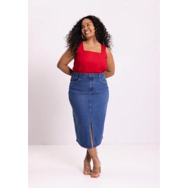 Imagem de Saia Jeans Plus Size Midi Fenda Frontal LUNENDER 20029, 50