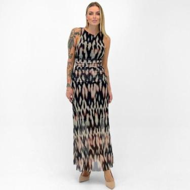 Imagem de Vestido Doce Trama Longo Regata em Tule Estampado Feminino, G, Preto