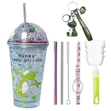 Imagem de seelucky Caneca de viagem de dinossauro com canudo verde copo de bebida copo de festa copo de gelo para piquenique aniversário (gel verde dinossauro palmeira, 430 ml)