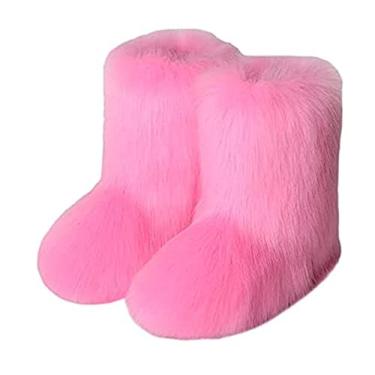 Imagem de TangDao Botas coloridas de pele sintética para mulheres, felpudo, felpudo, bico redondo, camurça, inverno, confortável, pelúcia, quente, curto, botas de neve, botas de cano médio para ambientes externos e internos, rosa, 10.5