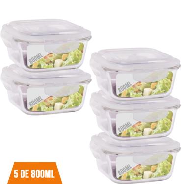 Imagem de 5 Pote 800ml Vidro Marmita Fitness Tampa 4 Trava Hermético