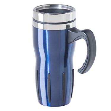 Imagem de Oggi Caneca térmica de viagem de aço inoxidável Multigrip – Azul meia-noite, 473 ml, com tampa deslizante aberta para bebidas quentes e frias.