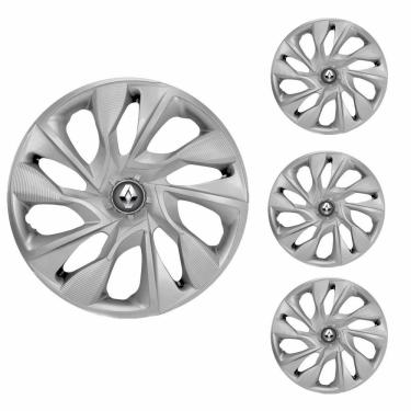 Imagem de Jogo Calota Aro 14 DS4 Silver Elitte Prata + Emblema Resinado Renault (Sandero Logan Clio Scenic Megane)