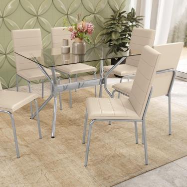 Imagem de Kit Conjunto Mesa 6 Cadeiras 120 x 80 cm Sala de Jantar Cozinha Vidro Metal Cromado Nude