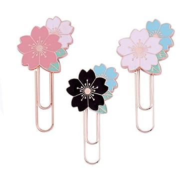 Imagem de Grampos de papel de flor de cerejeira bonitos coloridos 3 peças marcadores de página em forma de flor de cerejeira com design de flor para estudantes marcação caderno livros e álbuns de recortes materiais de escritório presente escolar decoração de papel