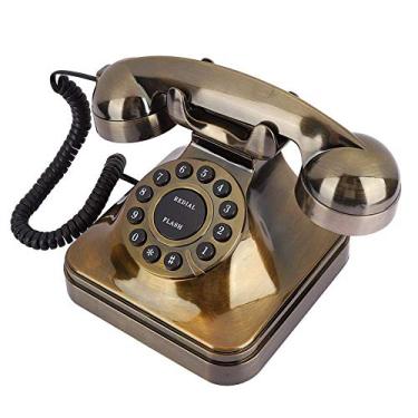 Imagem de Cuifati Telefone de bronze antigo, telefone fixo com cordão, telefone residencial com mostrador rotativo clássico vintage, telefones fixos retrô à moda antiga, redução de ruído telefone com fio tamanho pequeno (marrom dourado)