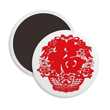 Imagem de Lanterna chinesa vermelha padrão tradicional cerâmica redonda ímã de geladeira decoração lembrança