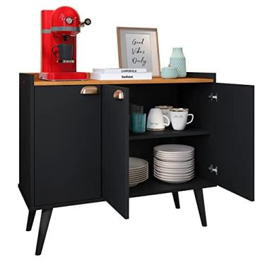 Imagem de Aparador Balcão Buffet 3 Portas com Prateleira Puxador Concha (Preto/Cinamomo)