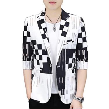 Imagem de Blazer xadrez de verão masculino slim business casual terno jaqueta leve respirável um botão lapela outwear para casamento, preto, M busto: 97 cm)