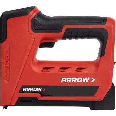 Imagem de Arrow ET501C Pistola profissional 5 em 1 sem fio, grampeador de fio alimentado por bateria e pregador de pinos para estofados, moldura, telhados, artesanato, cercas, cabo, preto/vermelho