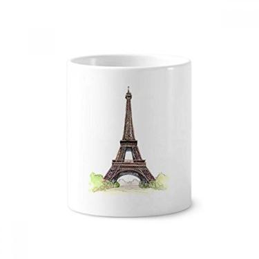 Imagem de Porta-canetas de escova de dentes Torre Eiffel na França Paris Caneca branca de cerâmica 355 ml