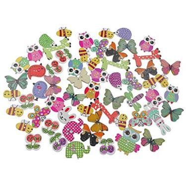 Imagem de Kinteshun Botões de madeira natural com 2 furos botões de fixação para costura tricô e artesanato (100 peças, estampas de animais de desenho animado sortidos)