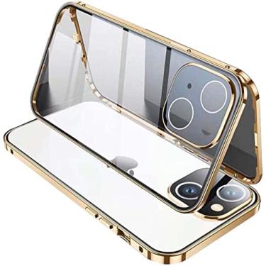 Imagem de GANYUU Capa de telefone de vidro temperado transparente HD dupla face, para Apple iPhone 14 Plus capa de 6,7 polegadas 2022 magnética [estrutura de pára-choques de metal] capa de vidro (cor: ouro)