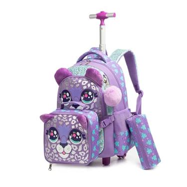 Imagem de Mochila de Rodinhas Infantil CUTBLAJAT - Kit de 3 Peças com Lancheira e Estojo - Ideal para Meninas - Roxo Estampa de Leopardo