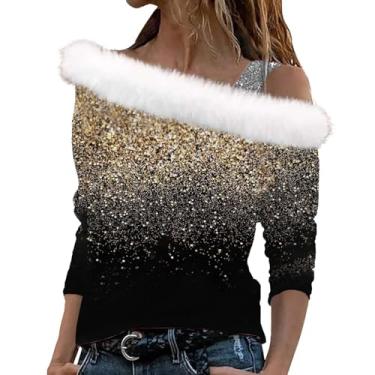 Imagem de Elogoog Suéteres femininos Merry Christmas soltos fora do ombro Natal flocos de neve suéter sexy manga longa inverno suéter, Dourado, 4G