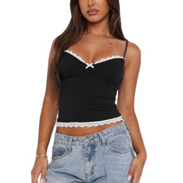 Imagem de Y2k Camiseta regata feminina de renda sexy com acabamento em renda e alças finas, frente única, top curto para o verão, F-1, acabamento em renda, preto, P