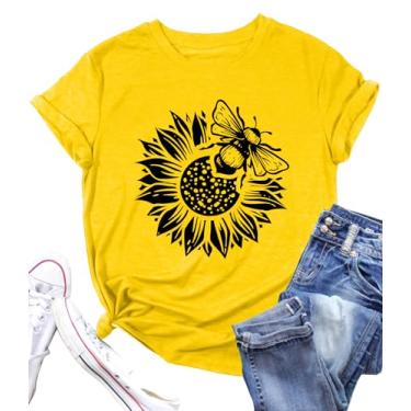 Imagem de Camisetas femininas com estampa de flores e girassol, camisetas inspiradoras, camisetas casuais fé, Abelha - amarelo, GG