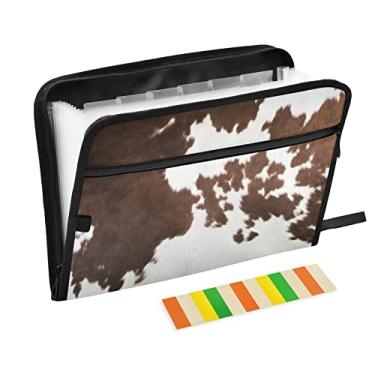 Imagem de Pasta de arquivo expansível com textura de pele de vaca ocidental com etiquetas adesivas, pasta de arquivo sanfonada de 13 bolsos organizador de documentos expansível com zíper e fecho de zíper