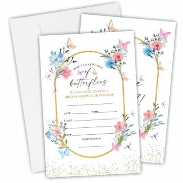 Imagem de 25 cartões de convite de chá de panela com envelopes - Here's To A Lifetime Of Butterflies - Convites florais ovais dourados para recém-casados, casamento e chá de panela, lembrancinhas de festa e