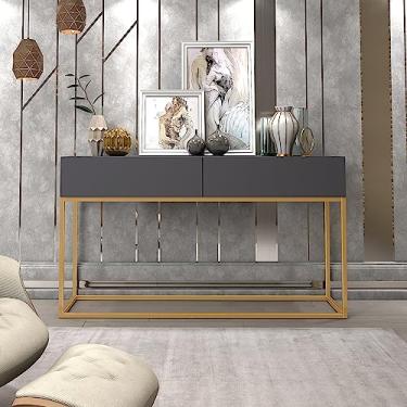 Imagem de Aparador Buffet Com 2 Gavetas Hall de Entrada Com Pés de Ferro Dourado Industrial Ideal Para Cantinho do Café (Cinza)