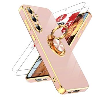 Imagem de LeYi Capa para celular Samsung Galaxy A55: com protetor de tela de vidro temperado [2 unidades] Suporte magnético giratório de 360°, capa banhada a ouro rosa para Samsung A55 5G, rosa