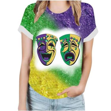 Imagem de Camiseta feminina Mardi Gras de manga curta estampada camisetas de férias camisetas casuais folgadas blusas de carnaval, A10#multicor, G