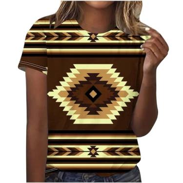 Imagem de MaMiDay Camisetas femininas com estampa ocidental asteca, manga curta, gola redonda, pulôver, verão, casual, moderno, geométrico, gráfico, A02#marrom, GG