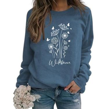 Imagem de OEFJIH Moletom feminino de flores silvestres engraçado, estampa floral, pulôver, casual, moderno, vintage, camiseta, Azul, GG