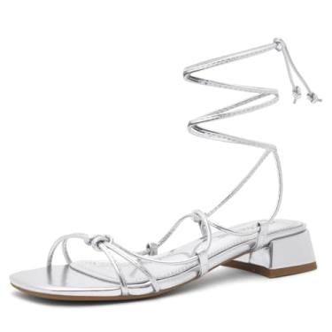 Imagem de Shoe Land SL-Danica Sandálias femininas grossas de salto baixo com tiras no tornozelo salto quadrado aberto bico amarrado para festas de casamento sapatos escarpim, Prata, 36