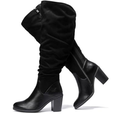 Imagem de Luoika Botas femininas extra largas na altura do joelho de cowgirl, cano alto, largo, cano alto, salto grosso, botas ocidentais plus size., Blackmf209, 9 X-Wide