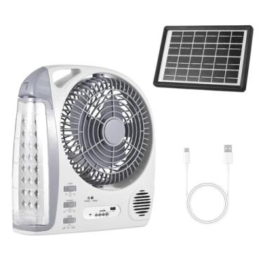 Imagem de Ventilador portátil multifuncional 6 em 1 com luz LED, recarregável, alimentado por energia solar, 2 velocidades de vento e brilho ajustável, ventilador elétrico externo com suporte para cartã