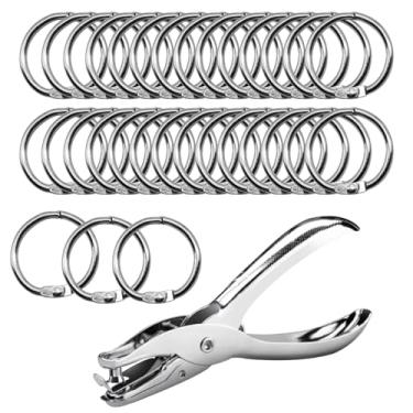 Imagem de 50 anéis de fichário de folhas soltas com um furador de metal único, anéis de livro banhados a níquel de 2,5 cm para escritório em casa