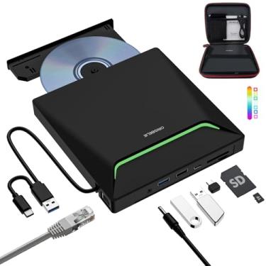 Imagem de Nova unidade externa de CD DVD, gravador de DVD legal USB 3.0 com adaptador Ethernet, 3 portas USB e 2 portas de cartão TF/SD, leitor de CD DVD gravador unidade de disco óptico para laptop, PC,