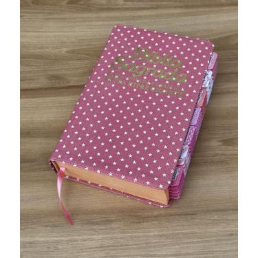 Imagem de Bíblia arc estrelinhas rosa com abas adesivas já coladas - com harpa e