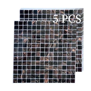 Imagem de LSDECO 5 folhas de mosaico de vidro para borda de backsplash, azulejo de piscina, azulejo de backsplash para parede de banheiro de cozinha de piscina (preto, 1,5 m²)