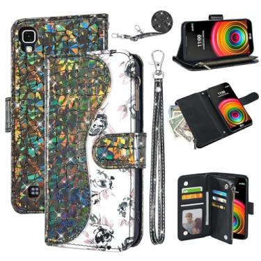 Imagem de Dibosom Capa carteira floral para LG X Power com alça de pulso alça de ombro flip zíper bolsa porta-cartão, suporte de couro PU de luxo brilhante brilhante brilhante capa para celular para XPower 1