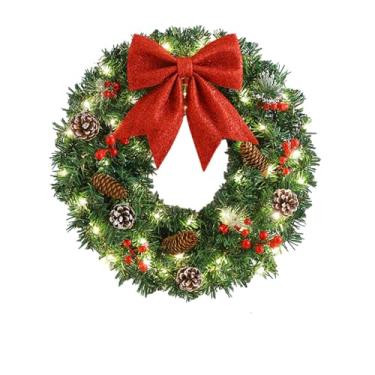 Imagem de 50 cm/19,7 pol. Decoração de guirlanda de Natal pré-iluminada com grande laço vermelho bagas e pinhas ramos para decoração interna e externa de Natal de Ano Novo (com luzes)