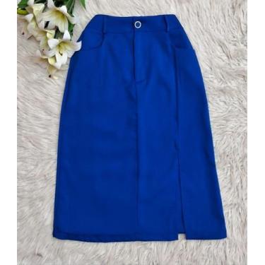 Imagem de MODAS DOMI Saia Midi Alfaiataria Com Fenda Lateral 0125, Azul royal, P