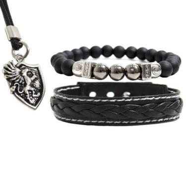Imagem de Pulseiras Masculinas COURO TRANÇADO Kit C / 02 + Colar Hipogrifo Mitol